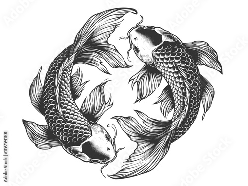 two koi fish swimming in a circular motion, with flowing fins and detailed scalessketch engraving generative ai vector illustration. Scratch board imitation. Black and white image.