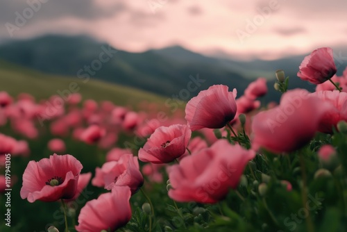 Blooming pink poppies in a serene mountain landscape during sunset