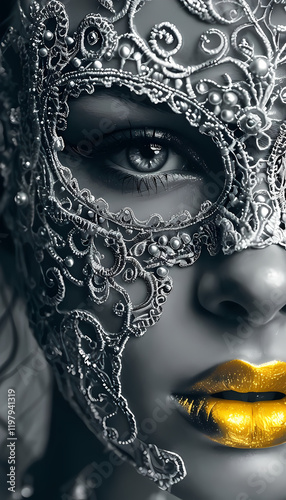 Maschera di pizzo intricata che adorna il viso di una donna dallo sguardo intenso, Intricate lace mask adorning the face of a woman with an intense gaze
