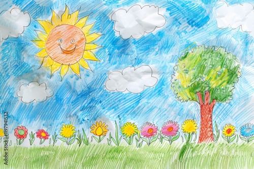 Child's sunny drawing of flowers and trees