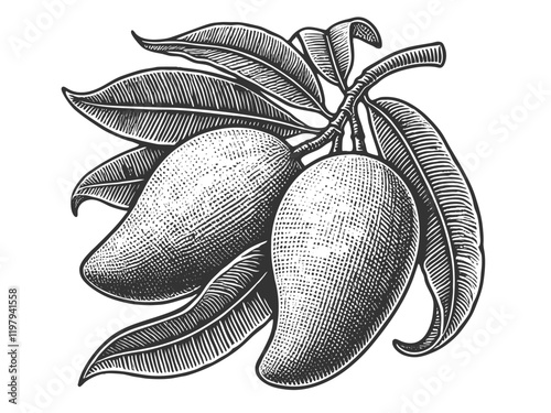 ripe mango hanging from a branch with lush leaves, showcasing nature's beauty and simplicity sketch engraving generative ai vector illustration. Scratch board imitation. Black and white image.
