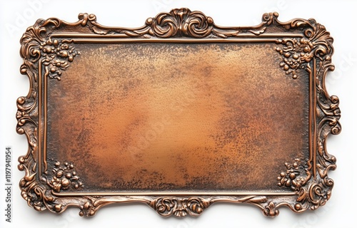 Ornate Copper Plaque: A vintage copper plaque with a rich, aged patina and ornate scrolled edges, perfect for adding a touch of rustic elegance to your design project.
