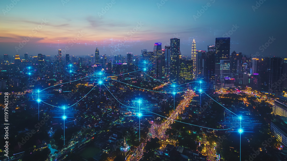 Fototapeta premium Abstract business man stands on the peak of success amid tall, innovative Smart city and graphs with statistics to analyze business potential and predict future developments in company growth.