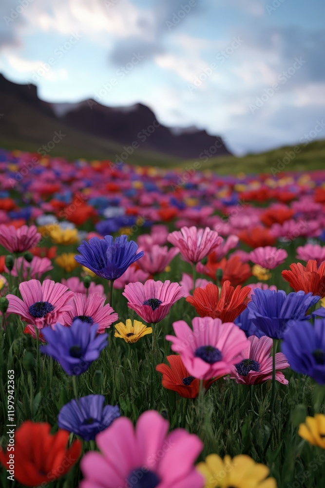 Obraz premium Vibrant field of blooming flowers under a cloudy sky in the countryside