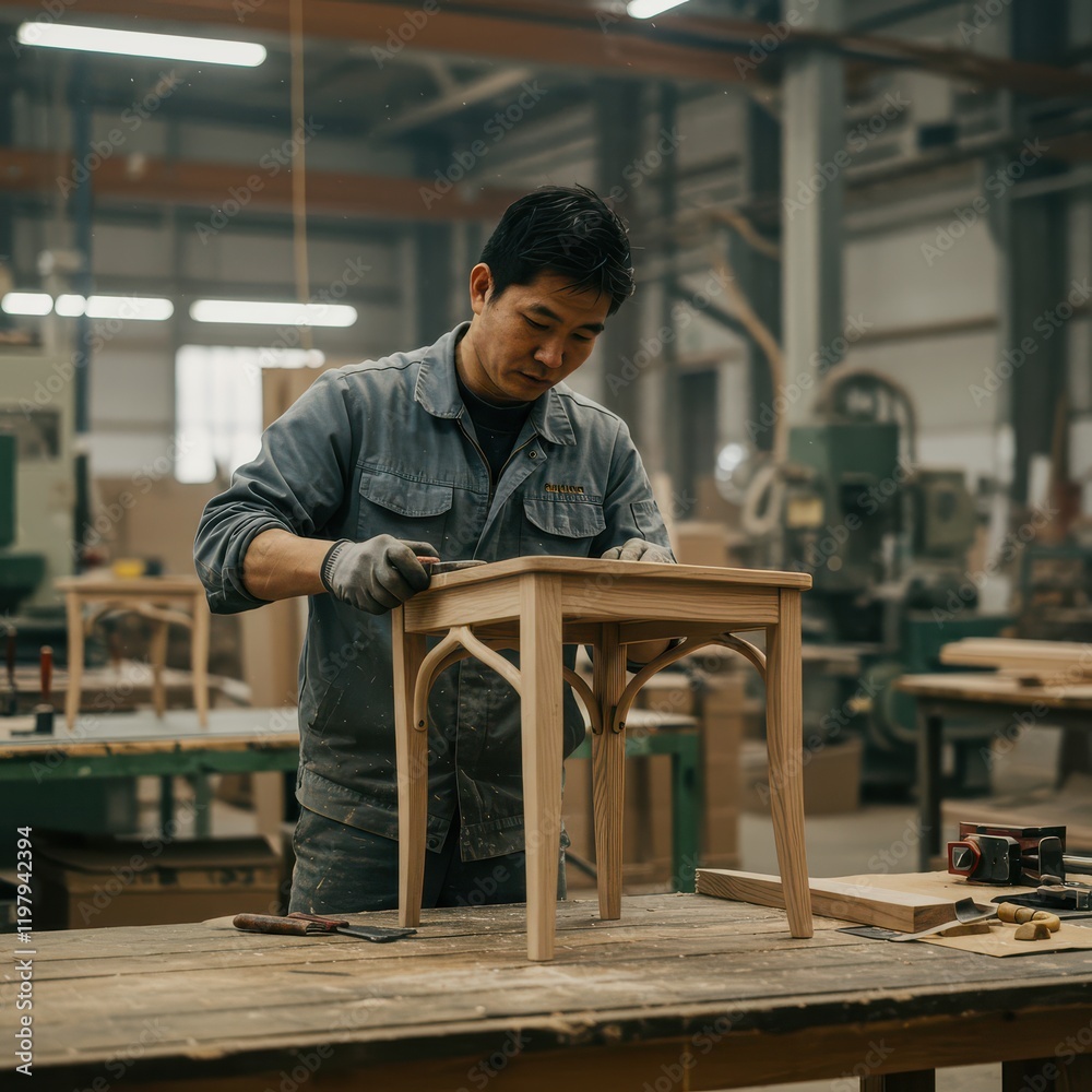 A carpenter creates a unique wooden chair in a cozy workshop, putting his heart into every detail A carpenter creates a unique wooden chair in a cozy workshop, putting his heart into every detail