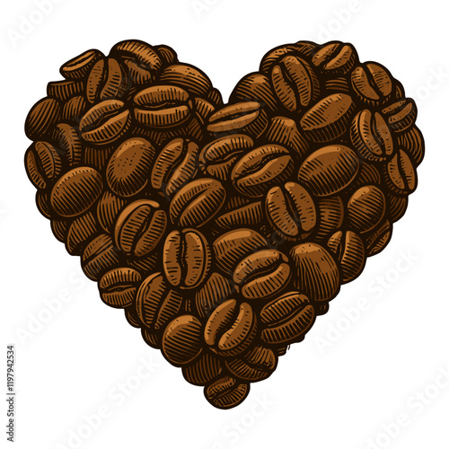 coffee beans color brown in a heart shape, symbolizing love for coffee and artisanal brewing sketch engraving generative ai vector illustration. Scratch board imitation. Black and white image.