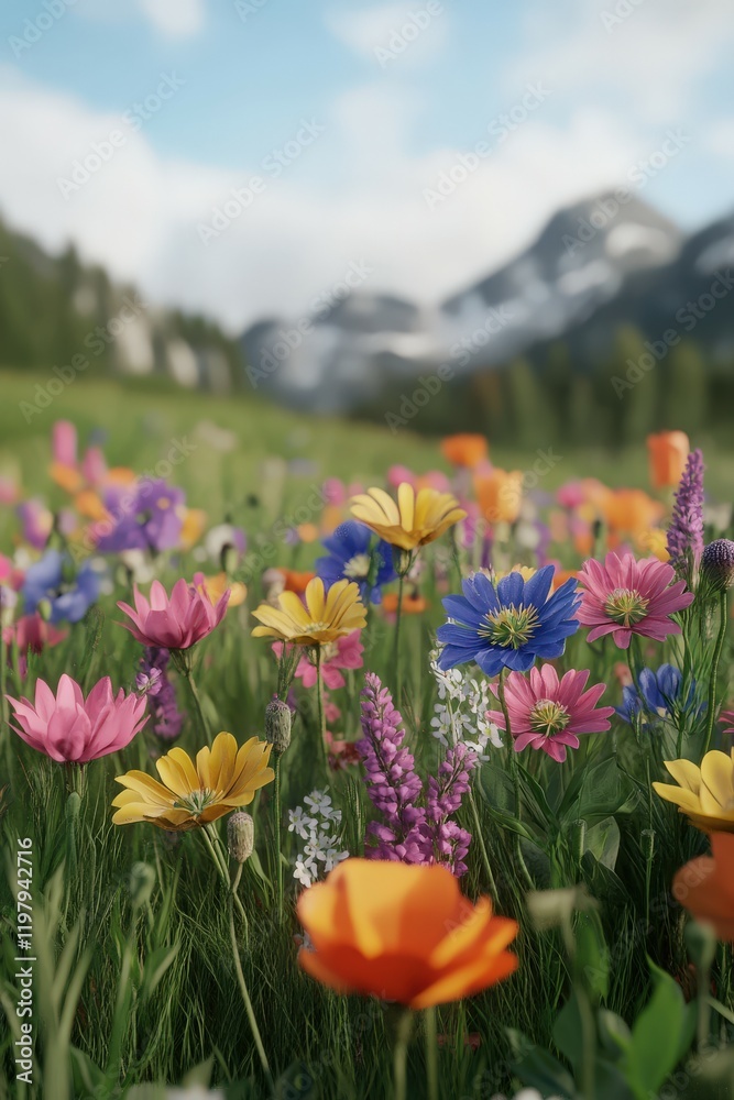 Fototapeta premium Vibrant wildflower field in the mountains during springtime afternoon