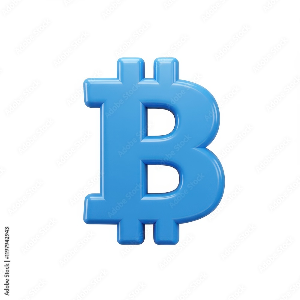 A 3D illustration of a large blue Bitcoin symbol isolated on a white background A 3D illustration of a large blue Bitcoin symbol isolated on a white background