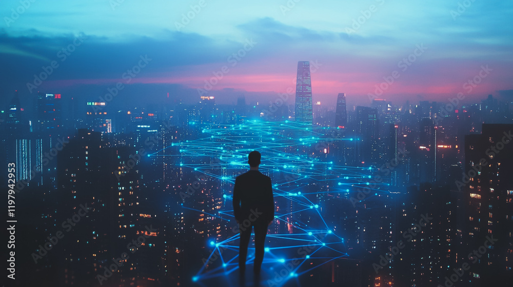Abstract business man stands on the peak of success amid tall, innovative Smart city and graphs with statistics to analyze business potential and predict future developments in company growth. Abstract business man stands on the peak of success amid tall, innovative Smart city and graphs with statistics to analyze business potential and predict future developments in company growth.