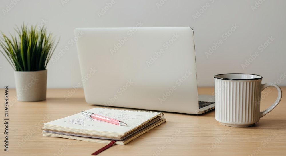 White laptop is on a desk with a notebook and a pen White laptop is on a desk with a notebook and a pen