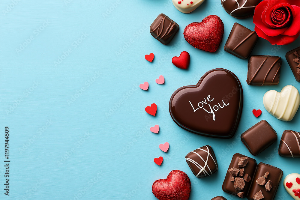 Fototapeta premium Romantic Heart-Shaped Valentines chocolate on blue background