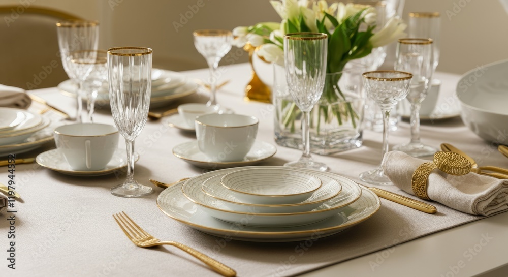 Table with a white tablecloth and a gold rimmed plate Table with a white tablecloth and a gold rimmed plate