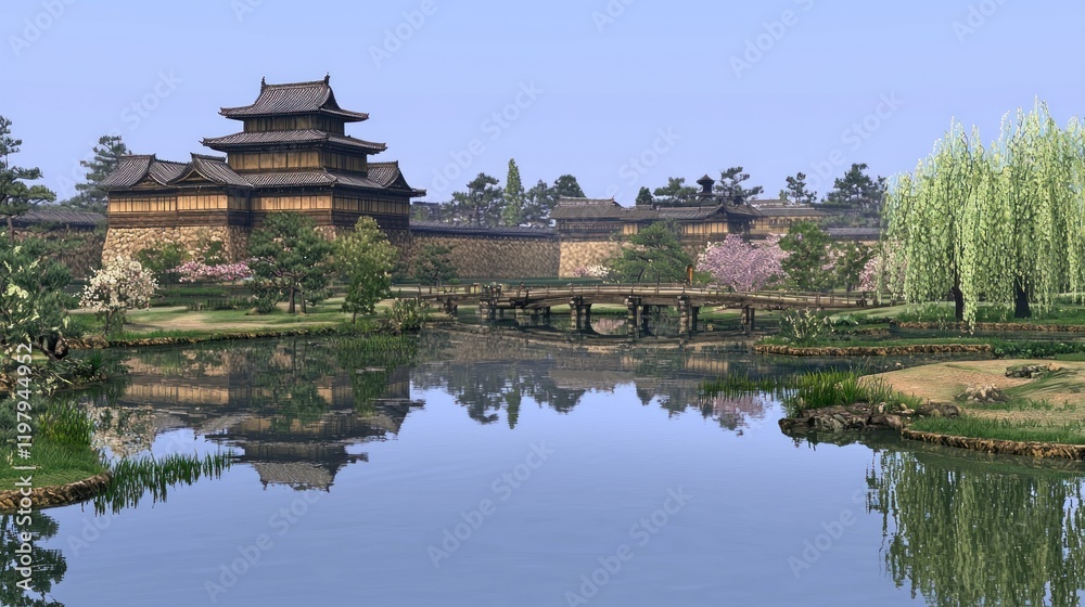 Tranquil Japanese Castle Garden, Spring Reflection Tranquil Japanese Castle Garden, Spring Reflection