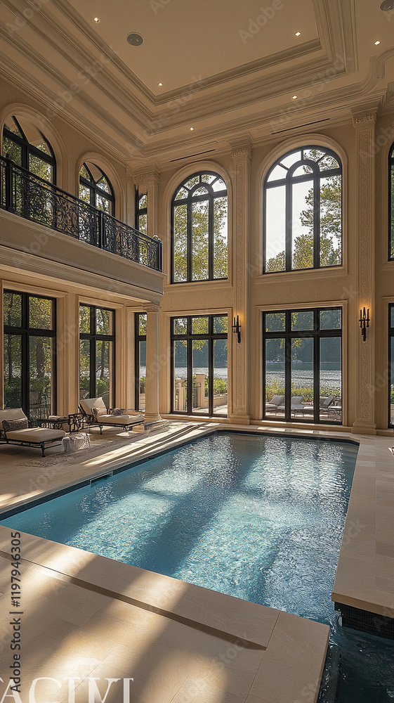 Fototapeta premium Luxurious indoor pool in spacious room with large windows, natural light, and elegant architecture. serene atmosphere with views of nature outside