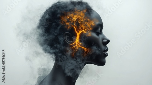 Portrait of a woman with a surreal tree emerging from her mind surrounded by wisps of smoke and ethereal light