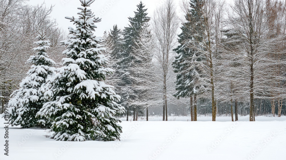 Fototapeta premium Snowy Winter Wonderland: Majestic Evergreens Under a Blanket of Snow