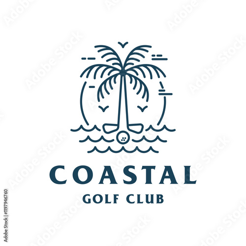 Palm Tree Beach Island with Golf Lineart Logo Design
