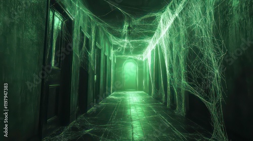 Spooky green-lit hallway with cobwebs, doors, and arched doorway. photo