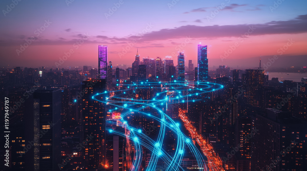 Fototapeta premium Abstract business man stands on the peak of success amid tall, innovative Smart city and graphs with statistics to analyze business potential and predict future developments in company growth.