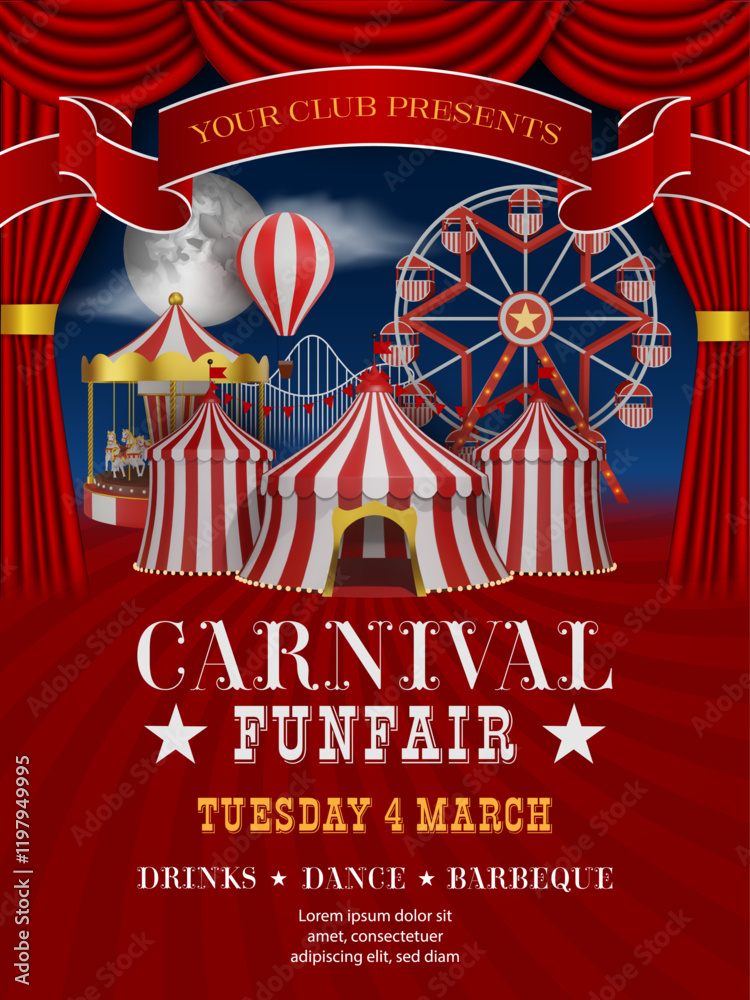carnival funfire flyer with 3d circus, carousel and ferris wheel. circus show poster with amusement park