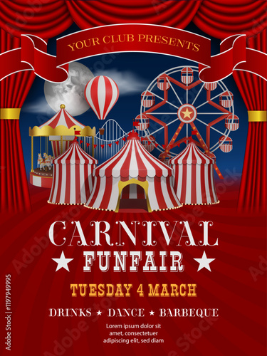 carnival funfire flyer with 3d circus, carousel and ferris wheel. circus show poster with amusement park