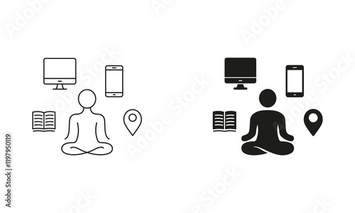 Person Offline, Social Media Detoxification Symbol. Yoga and Digital Detox Line and Silhouette Icon Set. Relax, Wellness Pictogram. Editable Stroke. Isolated Vector Illustration
