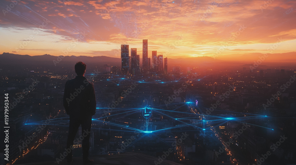 Abstract business man stands on the peak of success amid tall, innovative Smart city and graphs with statistics to analyze business potential and predict future developments in company growth. Abstract business man stands on the peak of success amid tall, innovative Smart city and graphs with statistics to analyze business potential and predict future developments in company growth.
