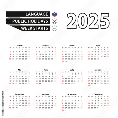2025 calendar in Slovenian language, week starts from Sunday.