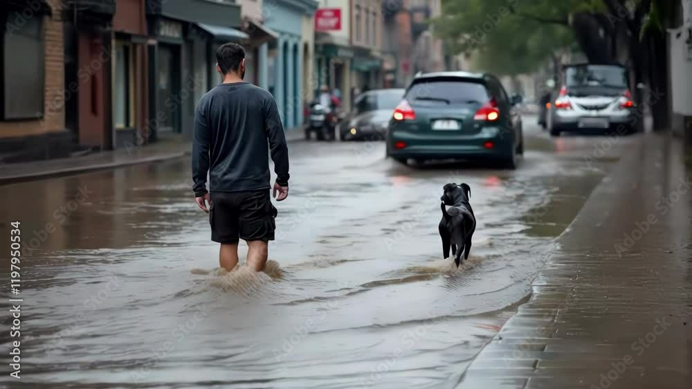 Man and his dog walking desolately through a flooded street after a heavy rain. Climate change, environment and natural disaster concept