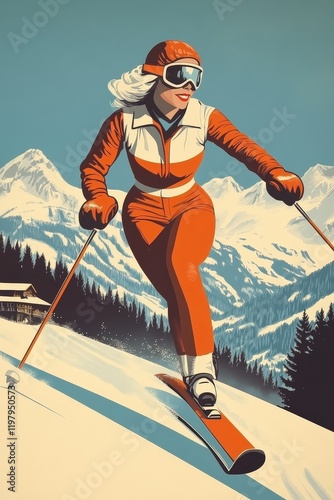 Retro pop art depiction of skiing from the 1950s.