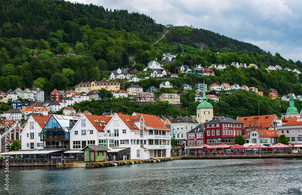 View across Bergen port toward Mount Floyen View across Bergen port toward Mount Floyen
