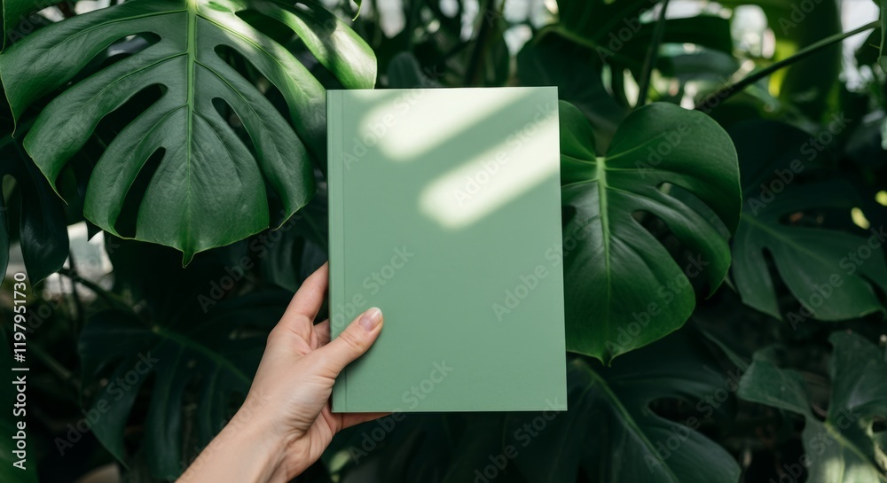 Person is holding a green book Person is holding a green book