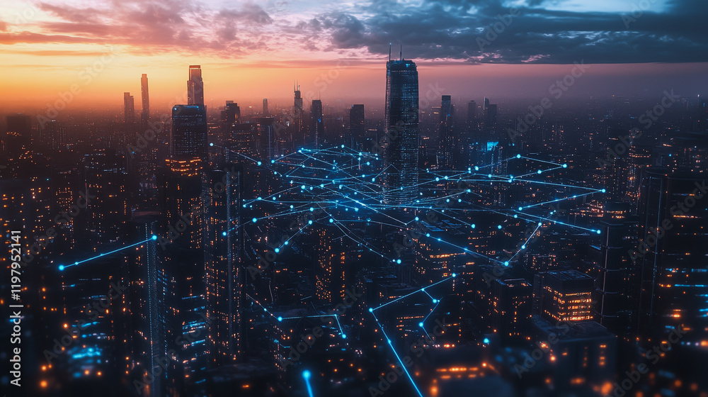 Fototapeta premium Abstract business man stands on the peak of success amid tall, innovative Smart city and graphs with statistics to analyze business potential and predict future developments in company growth.