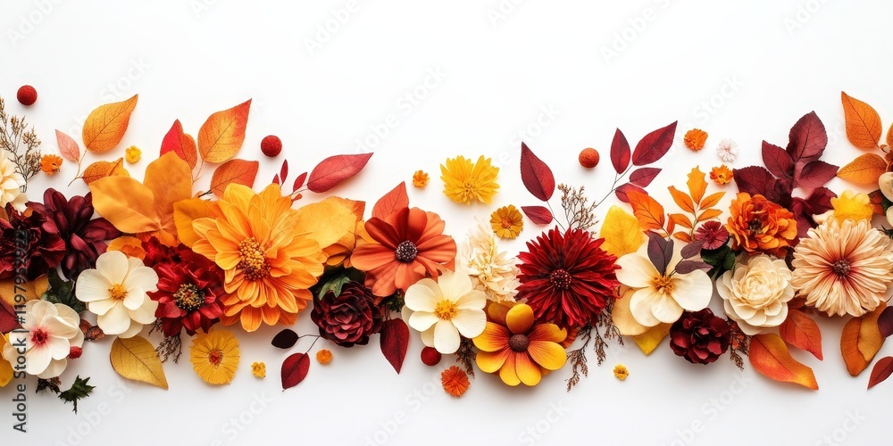 Fototapeta premium Elegant flat lay of seasonal blooms against a crisp white backdrop.