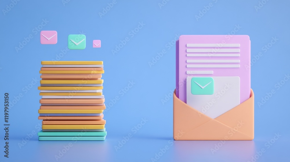 A colorful digital illustration of stacked books and an envelope with a letter, symbolizing communication and knowledge.