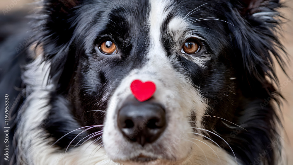 Close-Up Photo of a Border Collie with a Red Heart on Its Nose, Expressing Love and Loyalty Close-Up Photo of a Border Collie with a Red Heart on Its Nose, Expressing Love and Loyalty
