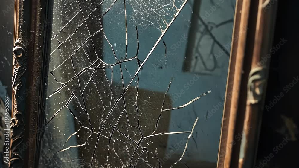 A close-up of a cracked and dusty mirror with cobwebs, evoking themes of mystery, abandonment, and time’s passage in a forgotten space.