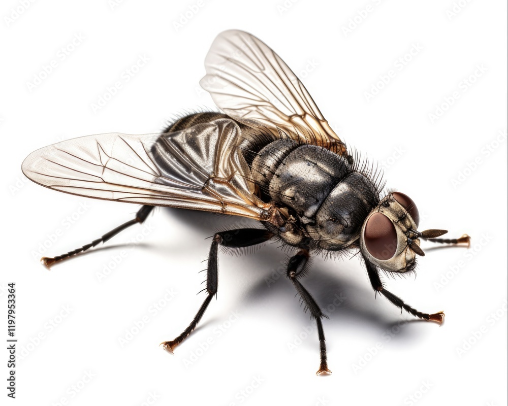 Dirty Common Housefly - A Close-up View of an Insect Invertebrate on White Background Dirty Common Housefly - A Close-up View of an Insect Invertebrate on White Background