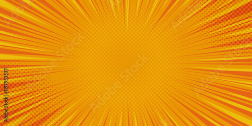 Bright orange pop art background with radial sunburst effect and halftone dot texture. Comic style backdrop with explosion effect. Abstract Summer sun rays texture