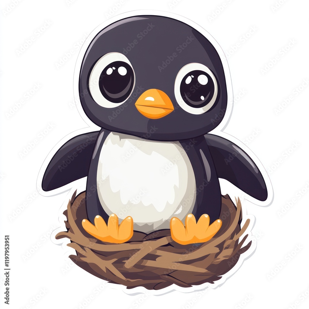 Obraz premium A cartoon penguin chick sits in a nest, isolated on a white background, possible use for sticker