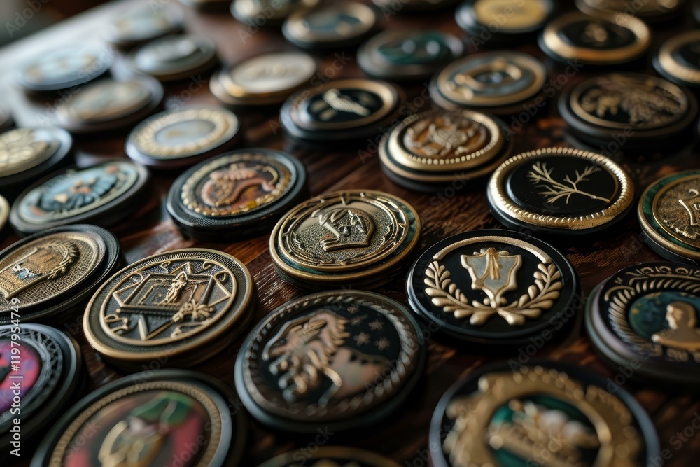 Collection of gold and silver coins with various designs are laying on a wooden surface Collection of gold and silver coins with various designs are laying on a wooden surface