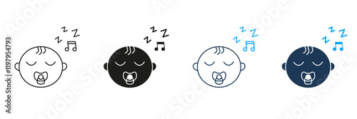 Sleeping Baby with Pacifier Line and Silhouette Icon Set. Infant with Lullaby and ZZZ Sign Symbol. Editable Stroke. Isolated Vector Illustration