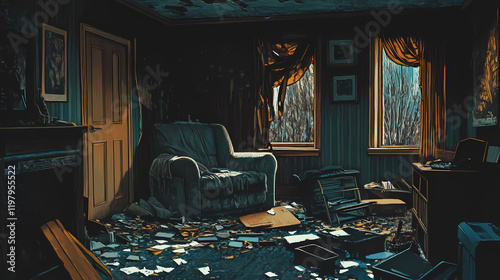 Upside-down furniture, shattered glass, scattered belongings, disheveled, interior, domestic violence. Moonbark. Illustration photo