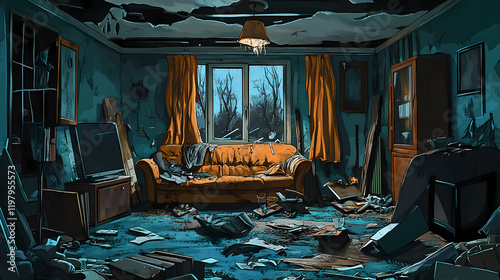 Upside-down furniture, shattered glass, scattered belongings, disheveled, interior, domestic violence. Moonbark. Illustration photo