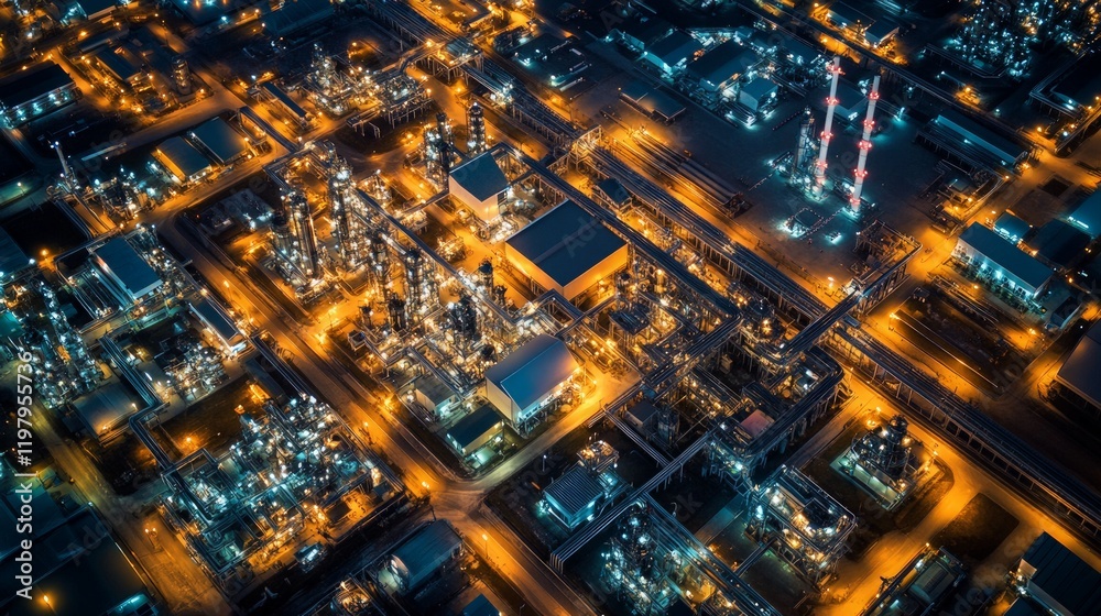 Obraz premium Aerial View of Industrial Complex at Night with Bright Lights