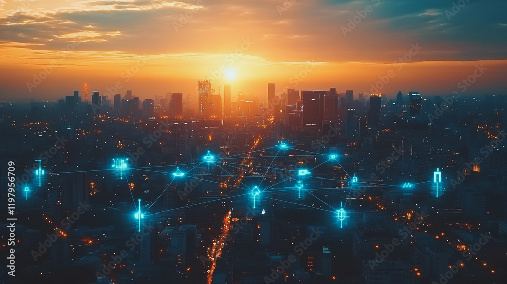 Fototapeta premium Abstract business man stands on the peak of success amid tall, innovative Smart city and graphs with statistics to analyze business potential and predict future developments in company growth.
