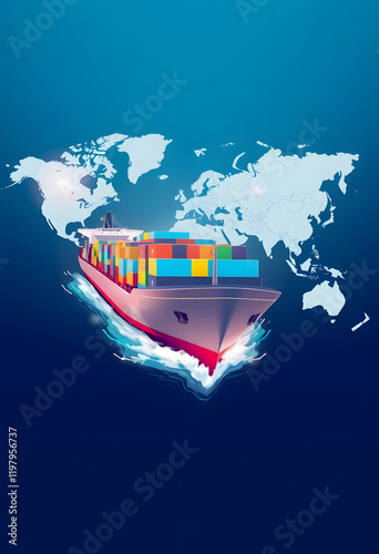 Cargo ship sailing on world map, global shipping and logistics concept. International trade concept
