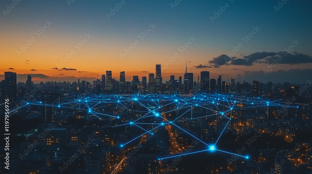 Obraz premium Abstract business man stands on the peak of success amid tall, innovative Smart city and graphs with statistics to analyze business potential and predict future developments in company growth.