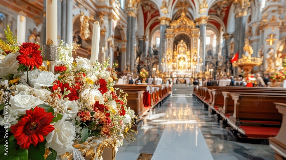 Fototapeta premium Elegant church interior with floral decorations and candles