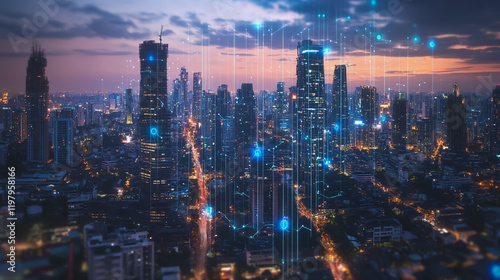 Wallpaper Mural Abstract business man stands on the peak of success amid tall, innovative Smart city and graphs with statistics to analyze business potential and predict future developments in company growth. Torontodigital.ca